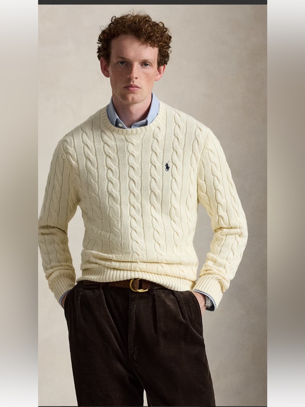 Ralph Lauren Cream Cable-Knit Crewneck Sweater with Navy Pony